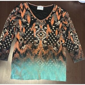 Cactus Bay Western Shirt Women's Small Rhinestone 3/4 Sleeve USA Aztec Teal M